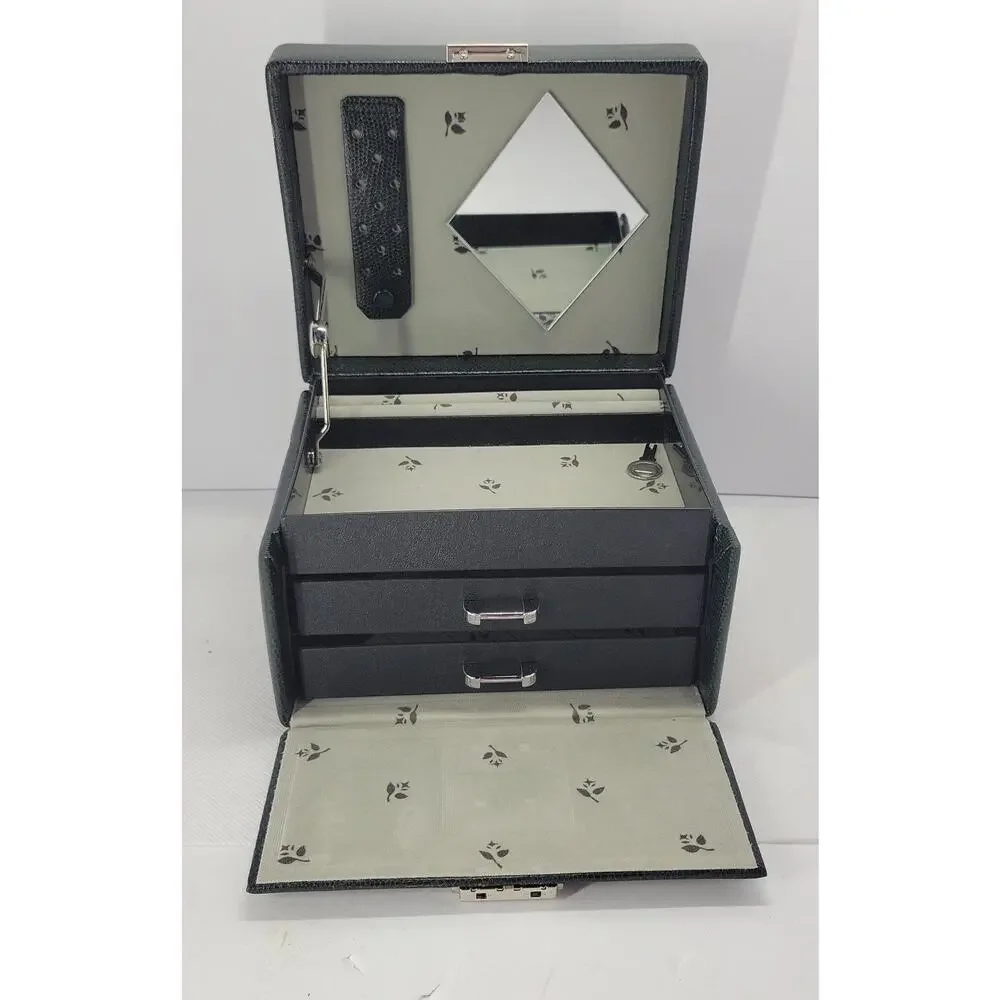 Dark Green Jewelry Box Mirror 2 Drawers Lock Key Carrying Case Organizer
